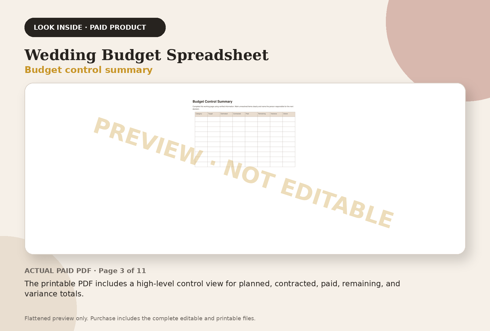 Wedding Budget Spreadsheet paid product preview showing budget control summary