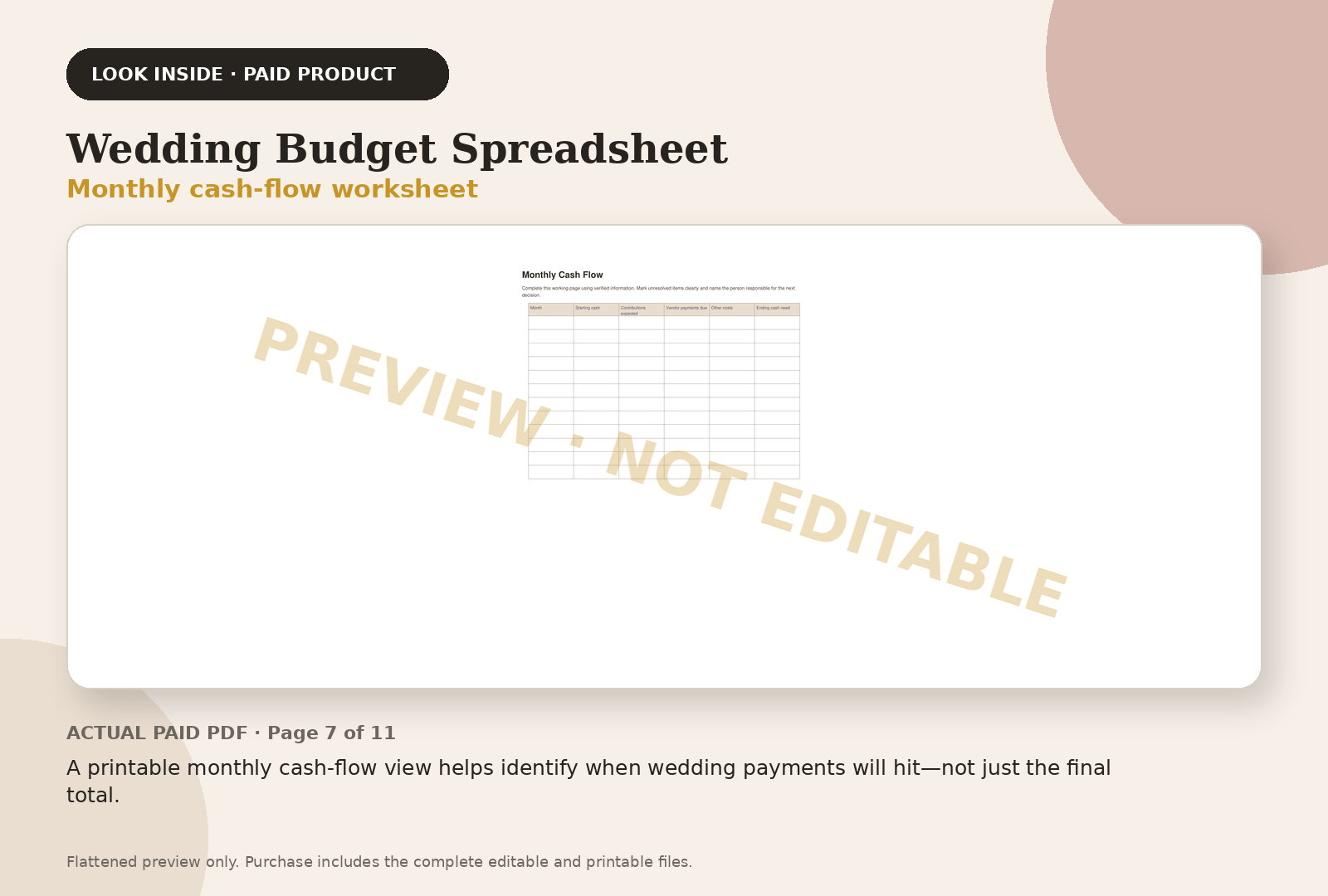 Wedding Budget Spreadsheet paid product preview showing monthly cash-flow worksheet